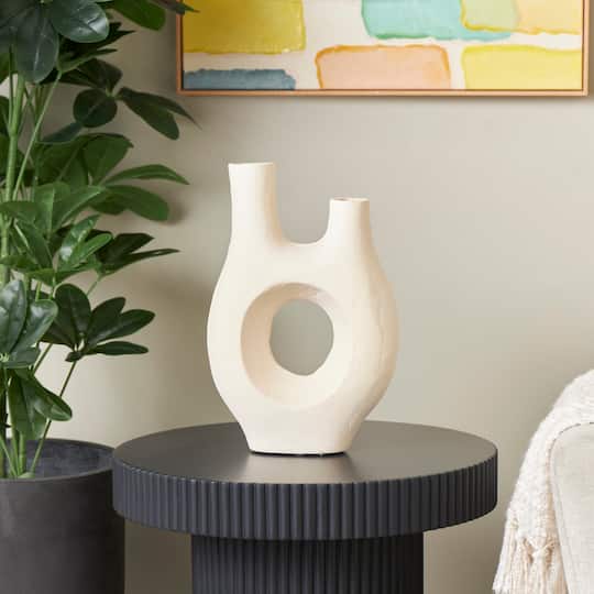 14" Beige Paper Mache Abstract Double Opening Vase